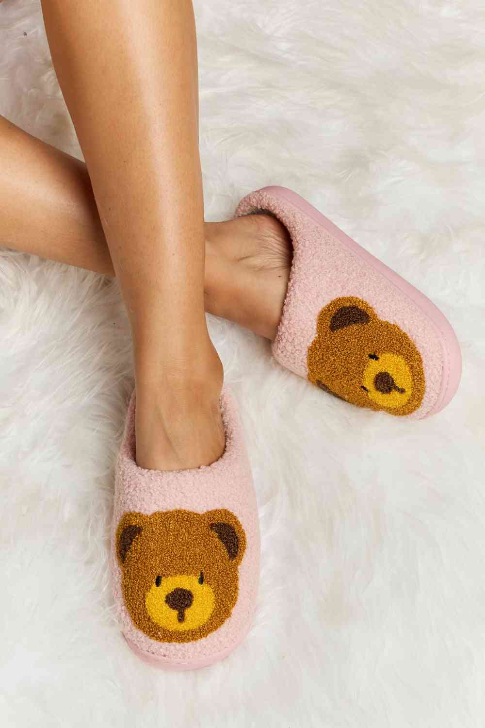 Melody Teddy Bear Print Plush Slide Slippers - 6 Colors