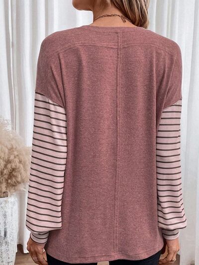 Round Neck Striped Long Sleeve Slit T-Shirt - 5 Colors