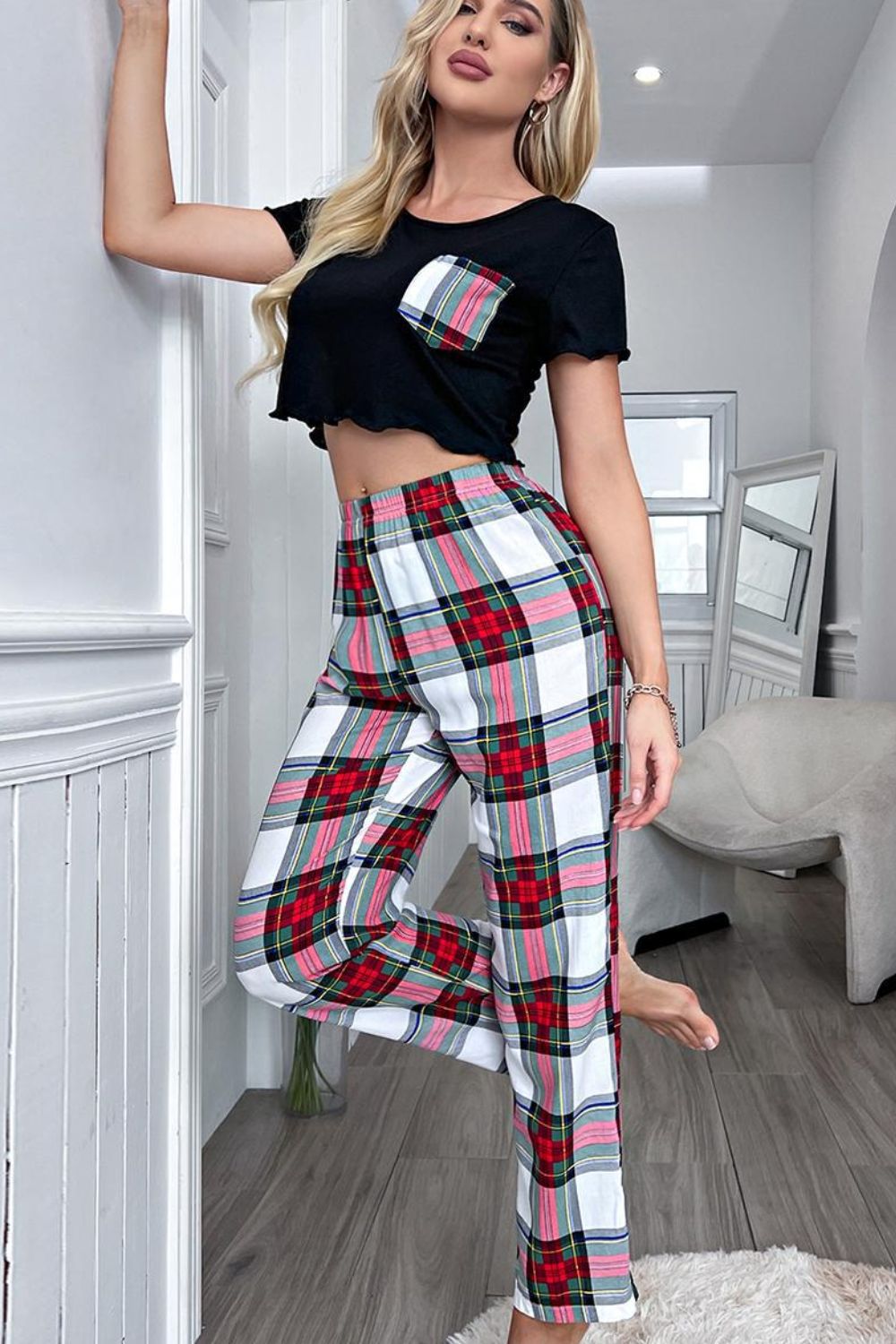 Daydreaming Trim Cropped T-Shirt and Plaid Pants Lounge Set