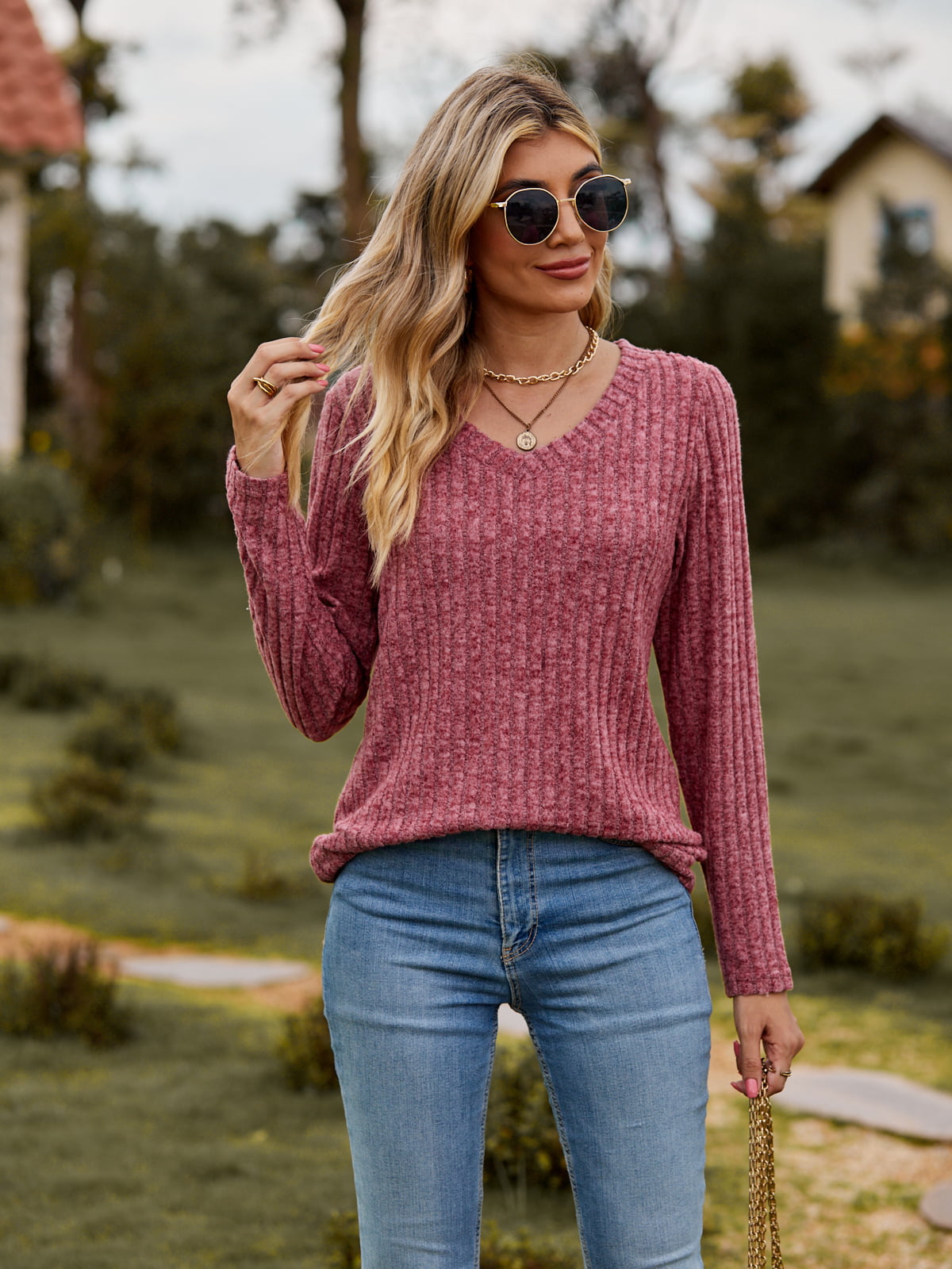 Jenni Ribbed V-Neck Long Sleeve Tee - 7 Colors - Shop All Around Divas