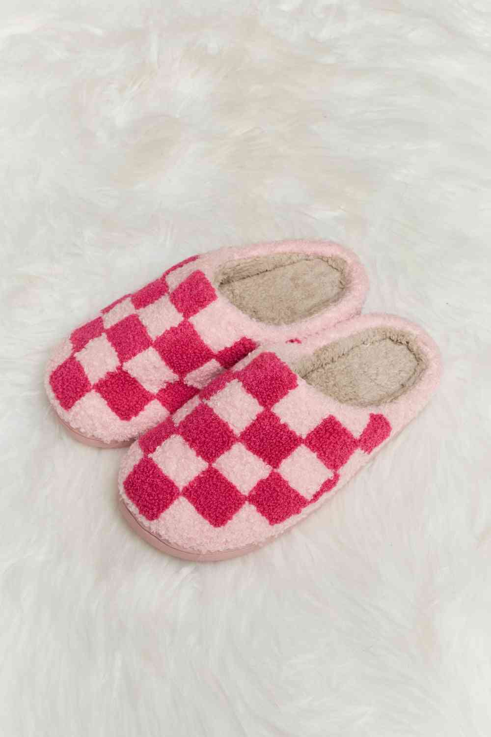 Melody Checkered Print Plush Slide Slippers - 4 Colors