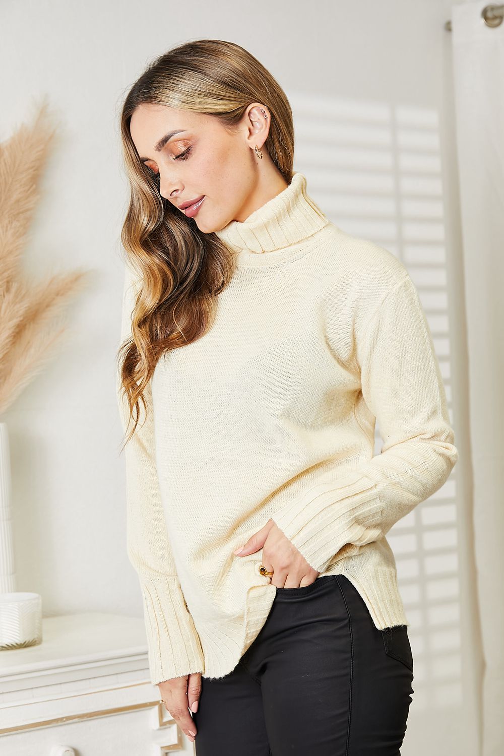 Harriet Long Sleeve Turtleneck Sweater with Side Slit