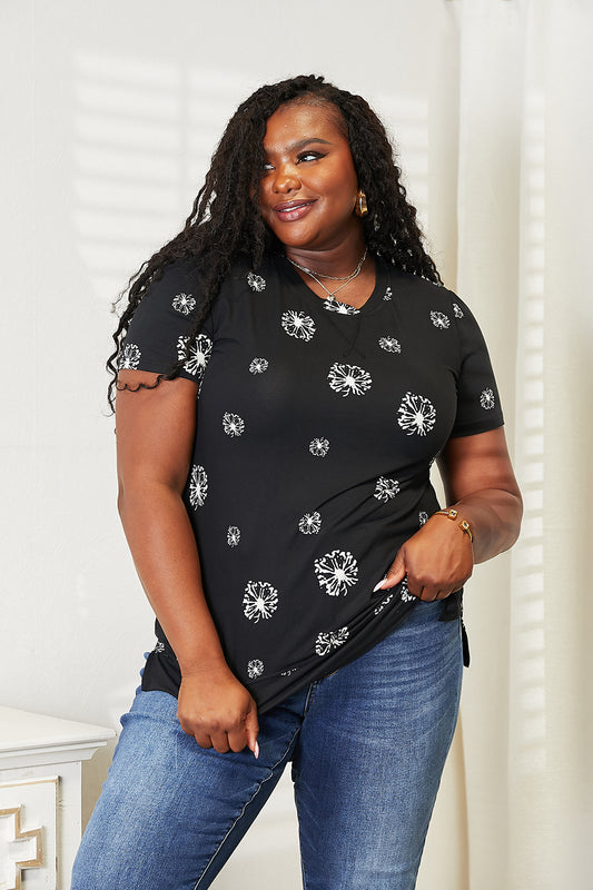 Double Take Dandelion Print Round Neck T-Shirt - Shop All Around Divas