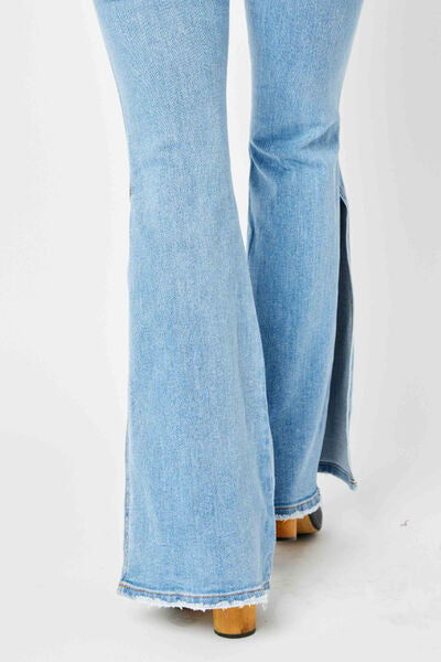 Judy Blue Mid Rise Raw Hem Slit Flare Jeans - Shop All Around Divas