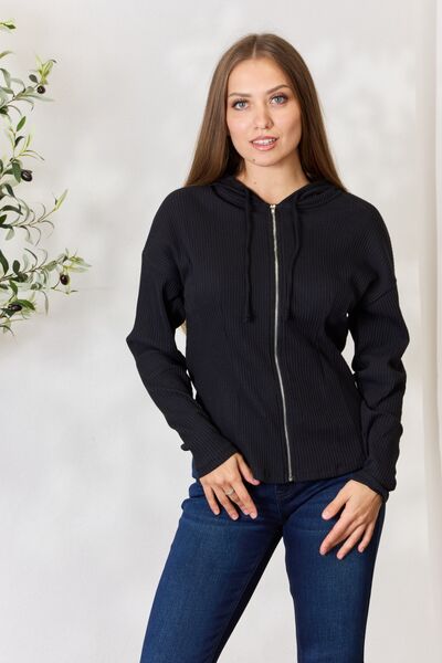 Culture Code Full Size Ribbed Zip Up Drawstring Hooded Jacket - Shop All Around Divas