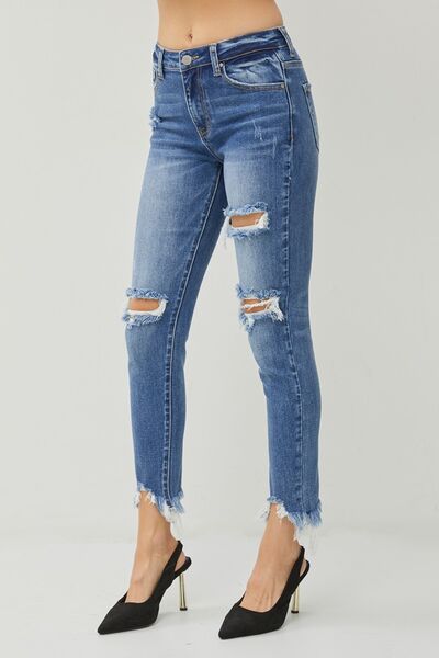 RISEN Distressed Frayed Hem Slim Jeans - Shop All Around Divas