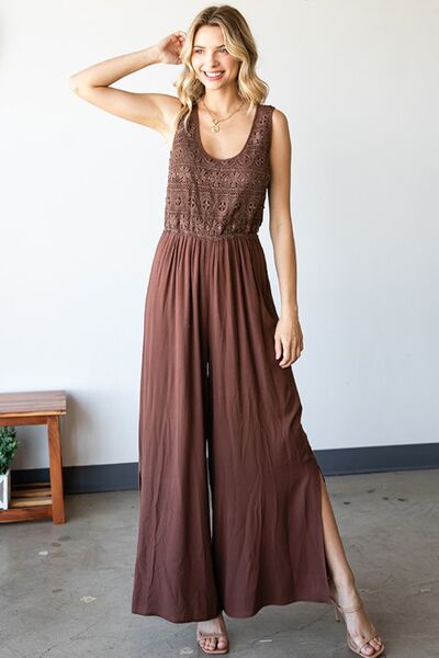 First Love Tie Back Sleeveless Slit Wide Leg Jumpsuit - Shop All Around Divas