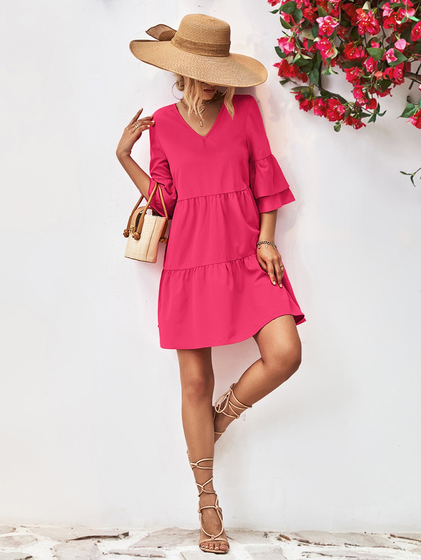 V-Neck Flare Sleeve Mini Dress - 2 Colors - Shop All Around Divas