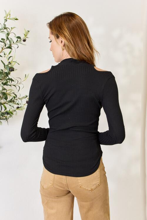 Culture Code Full Size Ribbed Surplice Cold Shoulder Top - Shop All Around Divas