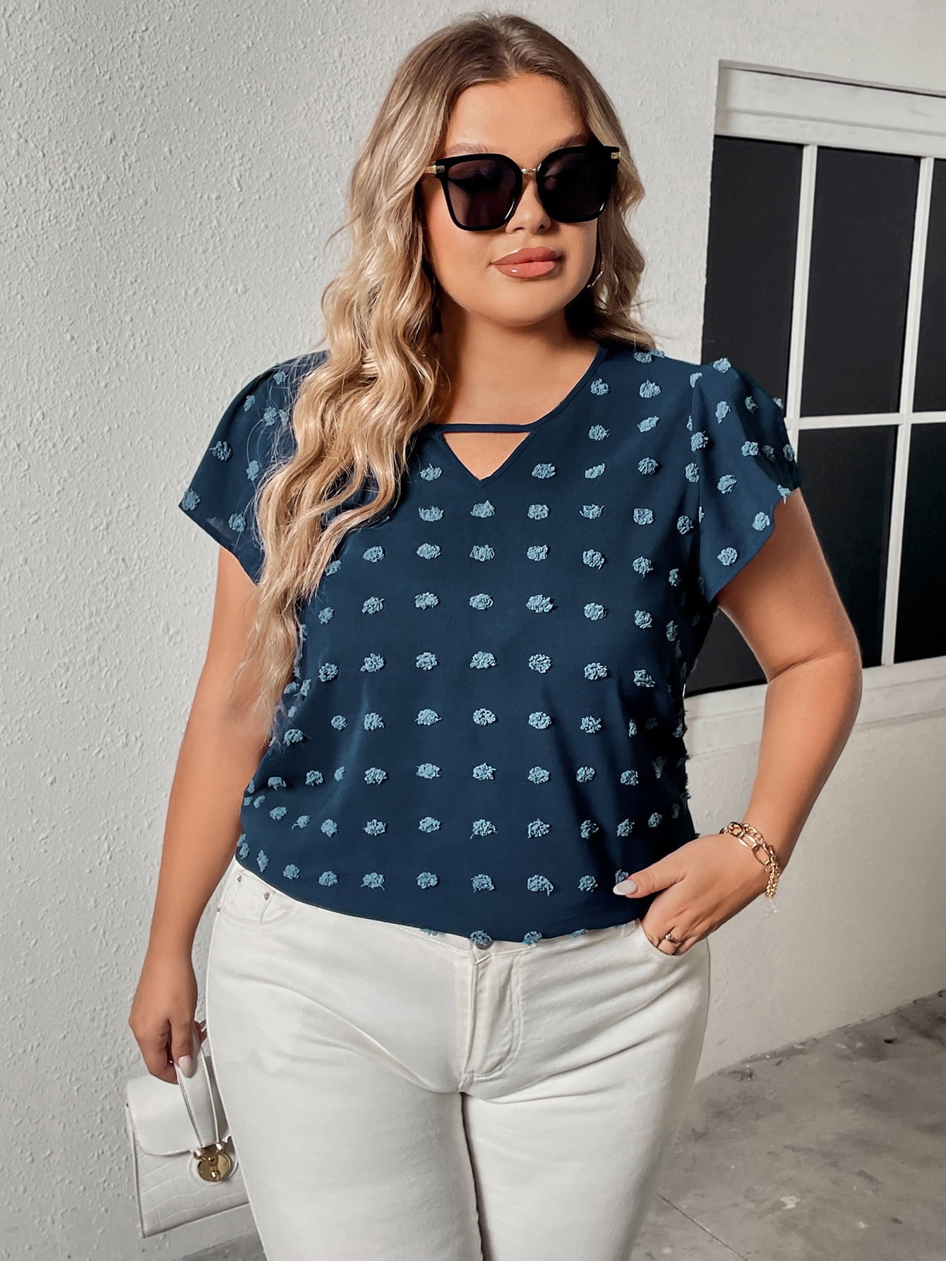 Swiss Dot V-Neck Flutter Sleeve Tee - CURVY - Shop All Around Divas