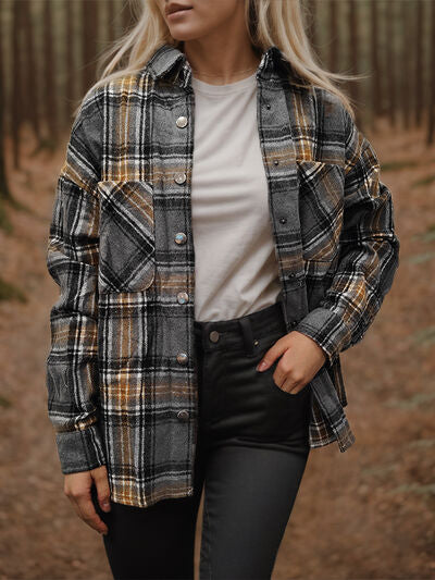 Plaid Snap Down Long Sleeve Shacket - Shop All Around Divas