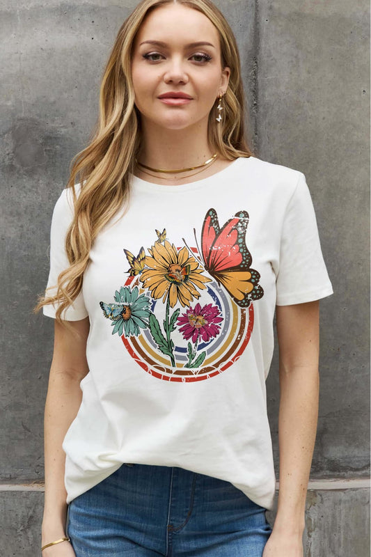 Flower & Butterfly Graphic Tee - 2 Colors