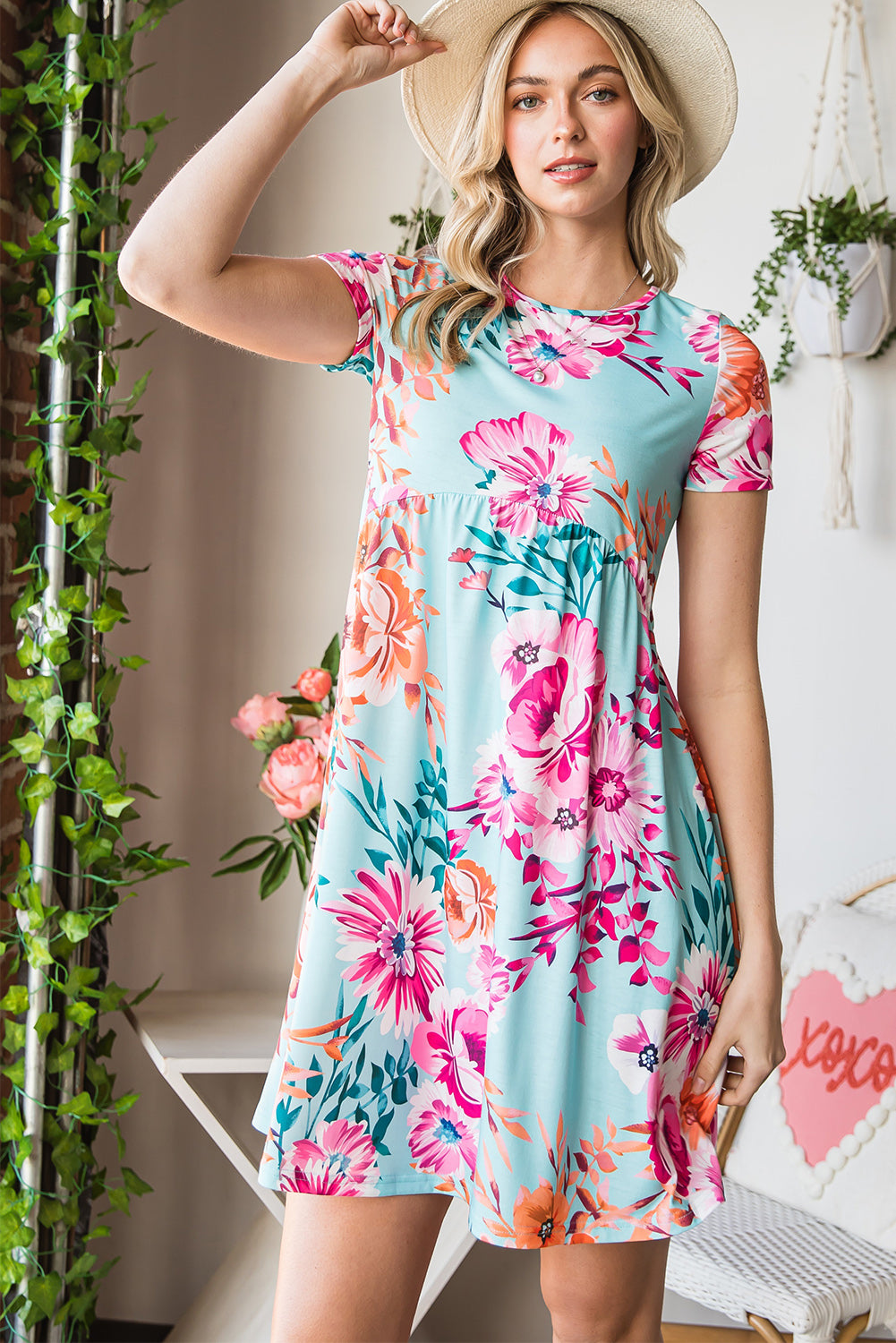 Floral Round Neck Short Sleeve Mini Dress - Shop All Around Divas