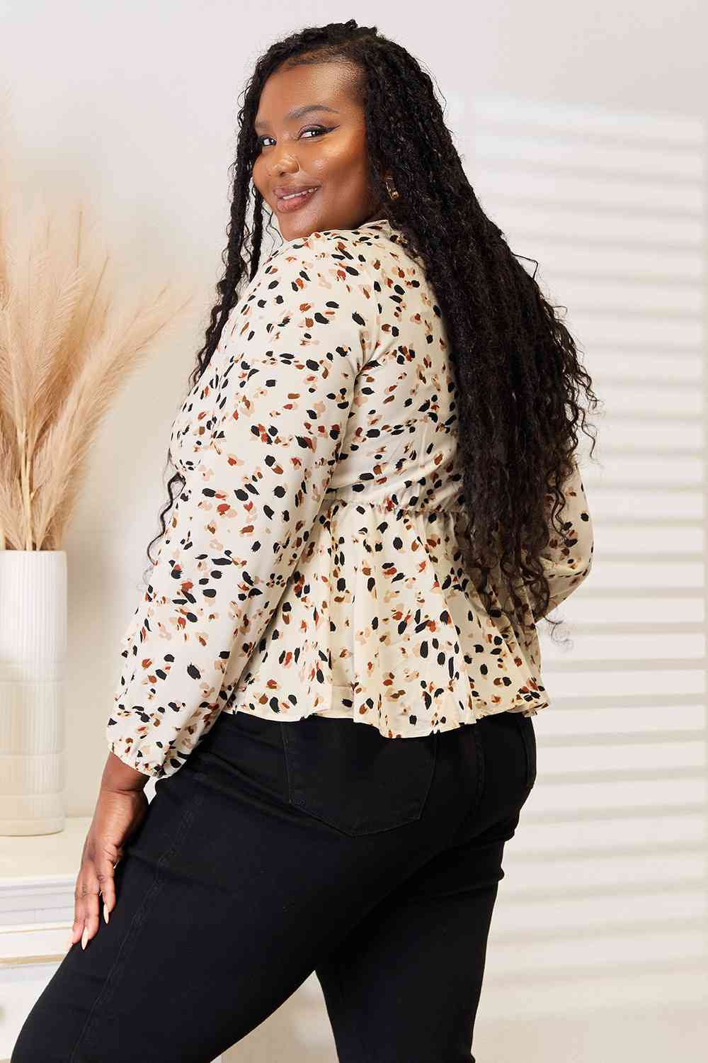 Double Take Printed Tied Plunge Peplum Blouse - Shop All Around Divas