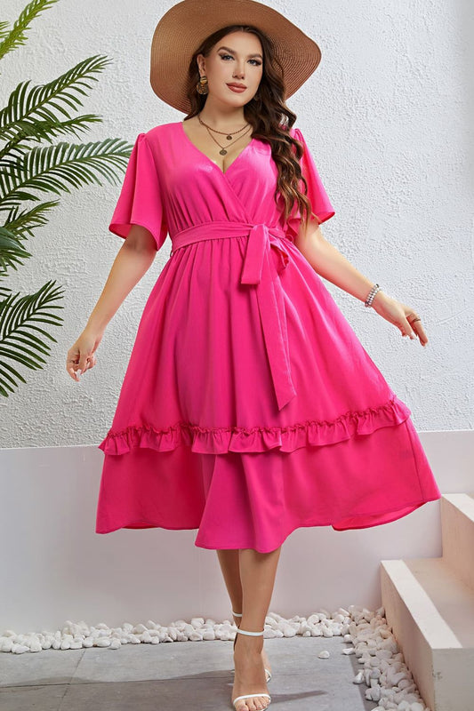 Belted Frill Trim Flutter Sleeve Dress - Curvy - Shop All Around Divas