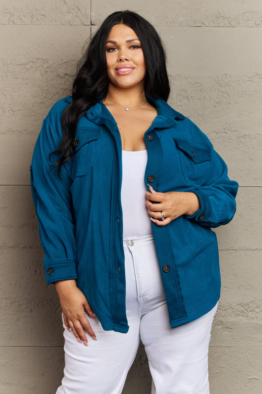 Cozy in the Cabin Fleece Elbow Patch Shacket in Teal - Shop All Around Divas