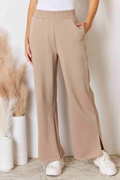 RISEN Wide Waistband Slit Wide Leg Pants - Shop All Around Divas