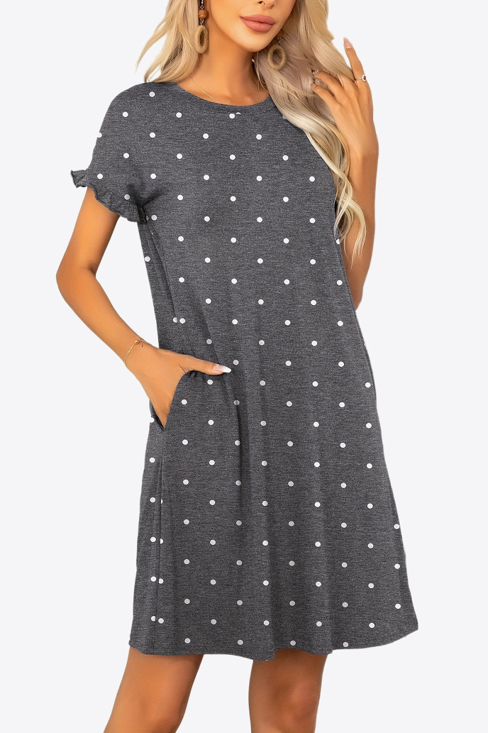 Flounce Sleeve Round Neck Dress with Pockets - Shop All Around Divas