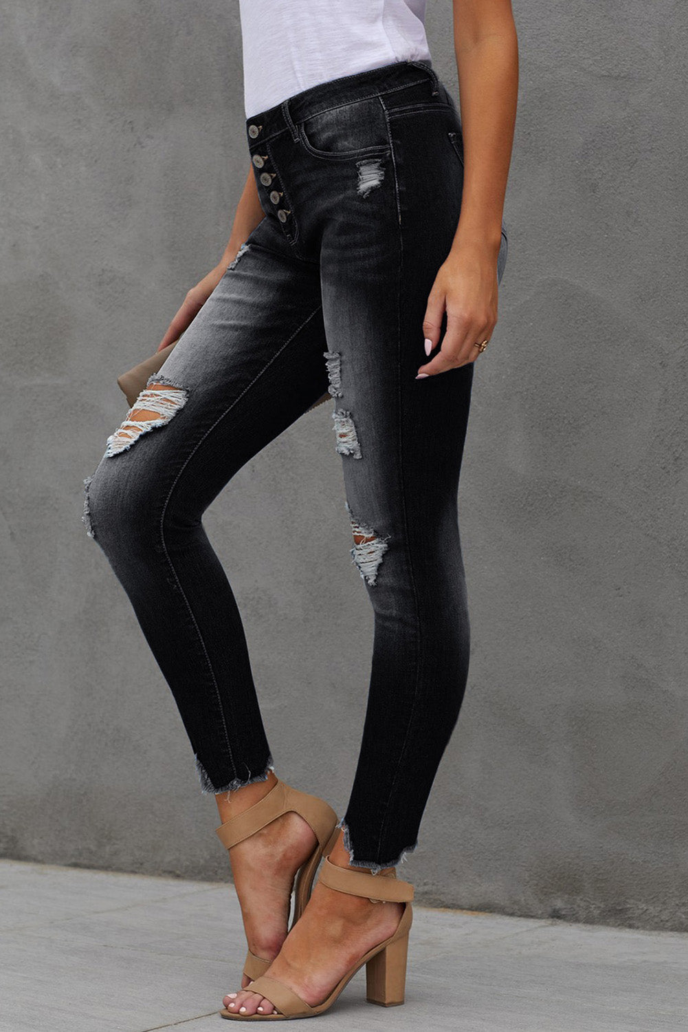 Clara Button Fly Hem Detail Ankle-Length Skinny Jeans