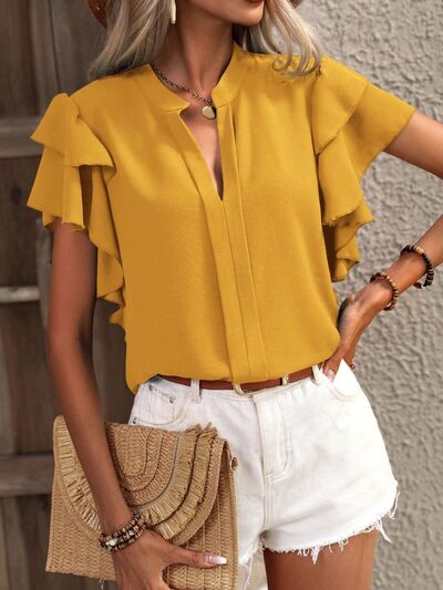 Ruffled Notched Short Sleeve Blouse - 7 Colors