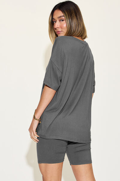 Basic Bae Full Size V-Neck Drop Shoulder Short Sleeve T-Shirt and Shorts Set - 7 Colors