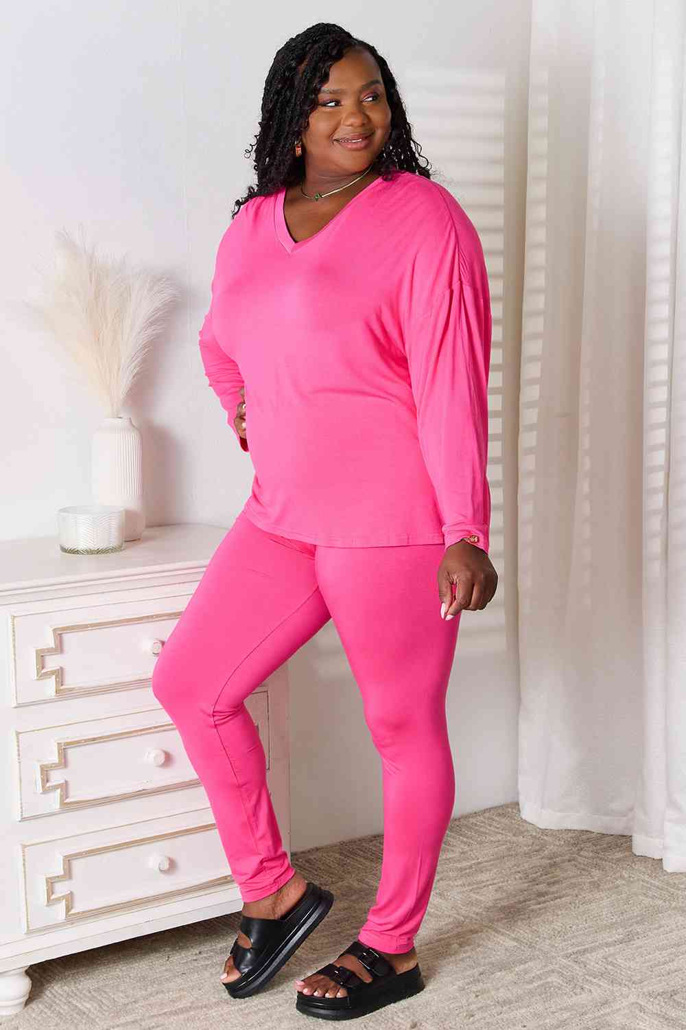 Basic Bae Full Size V-Neck Soft Rayon Long Sleeve Top and Pants Lounge Set - Shop All Around Divas