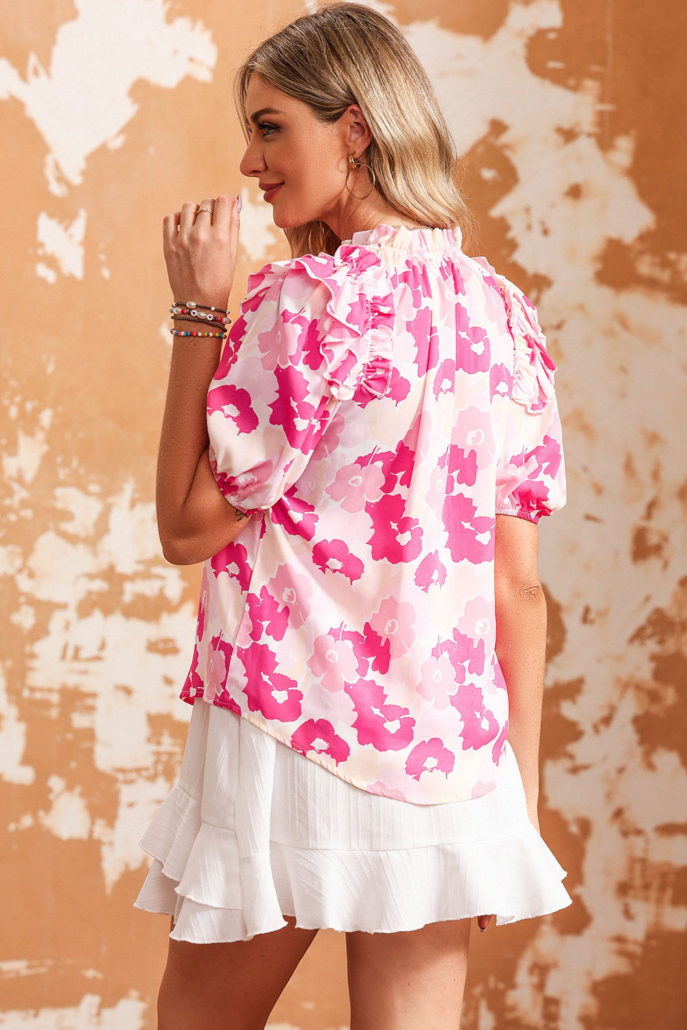 Floral Tie Neck Ruffle Shoulder Blouse - Shop All Around Divas