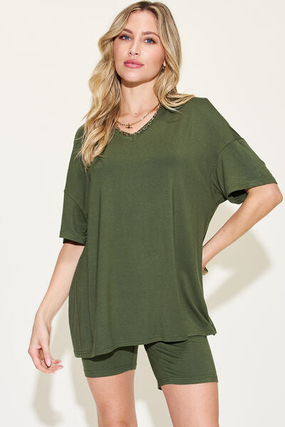 Basic Bae Full Size V-Neck Drop Shoulder Short Sleeve T-Shirt and Shorts Set - 7 Colors