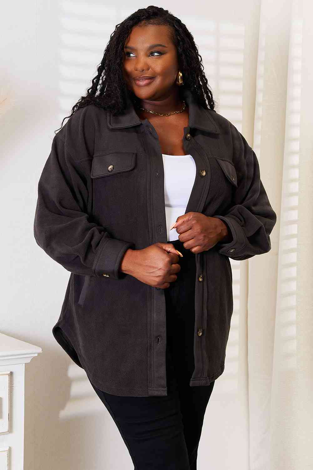 Heimish Cozy Girl Full Size Button Down Shacket - Shop All Around Divas