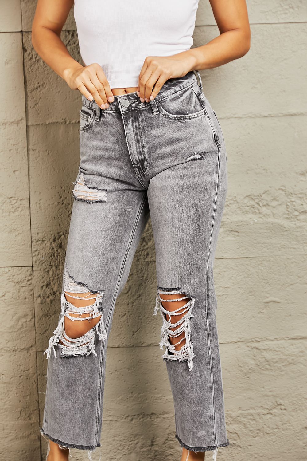 Kenzie Acid Wash Distressed Cropped Straight Jeans
