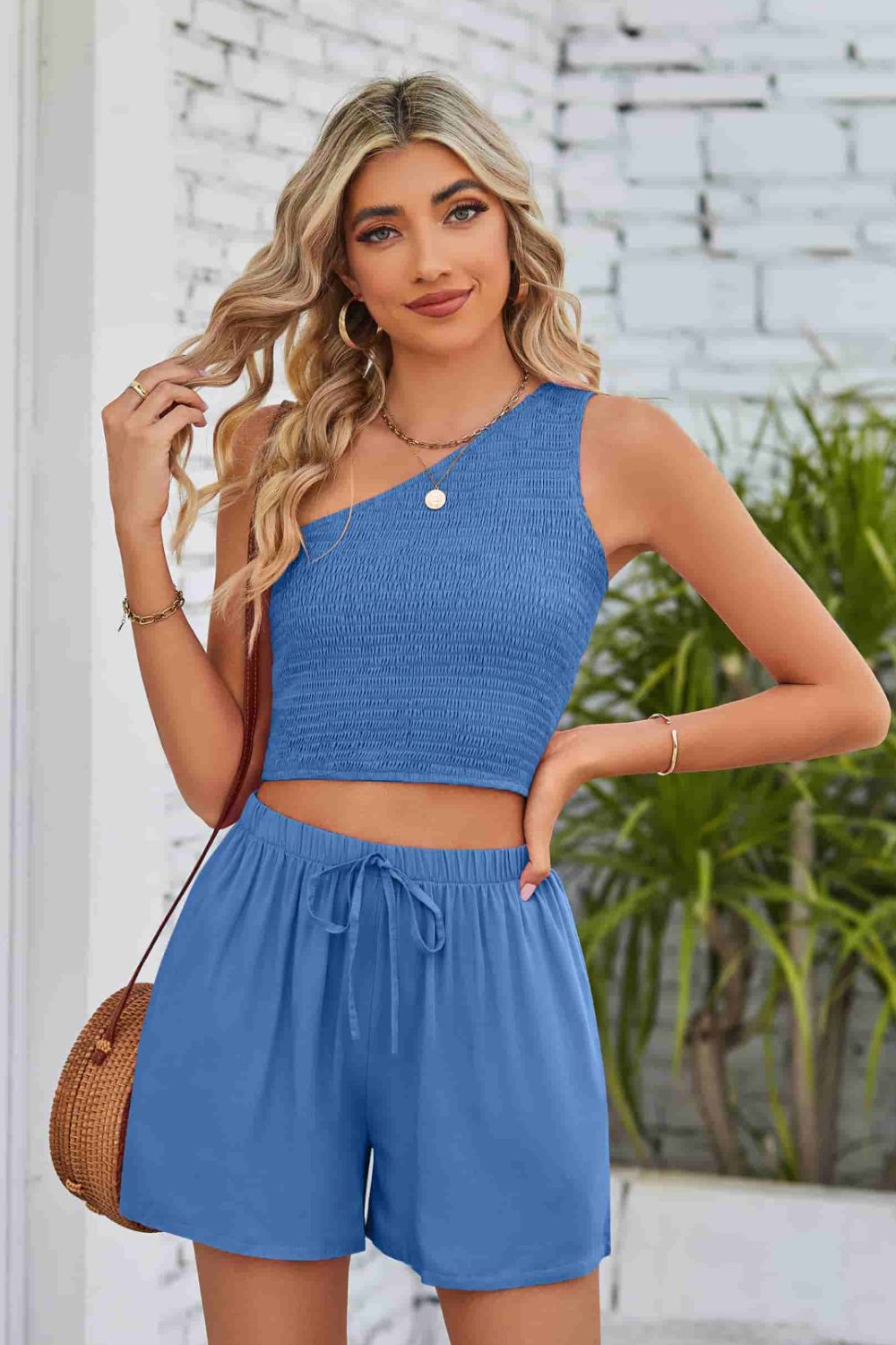 Smocked One-Shoulder Sleeveless Top and Shorts Set - 6 Colors