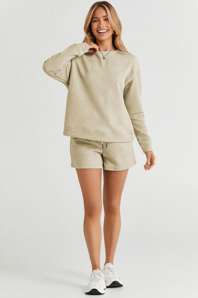 Daytime Comfort Texture Long Sleeve Top and Drawstring Shorts Set - 5 Colors