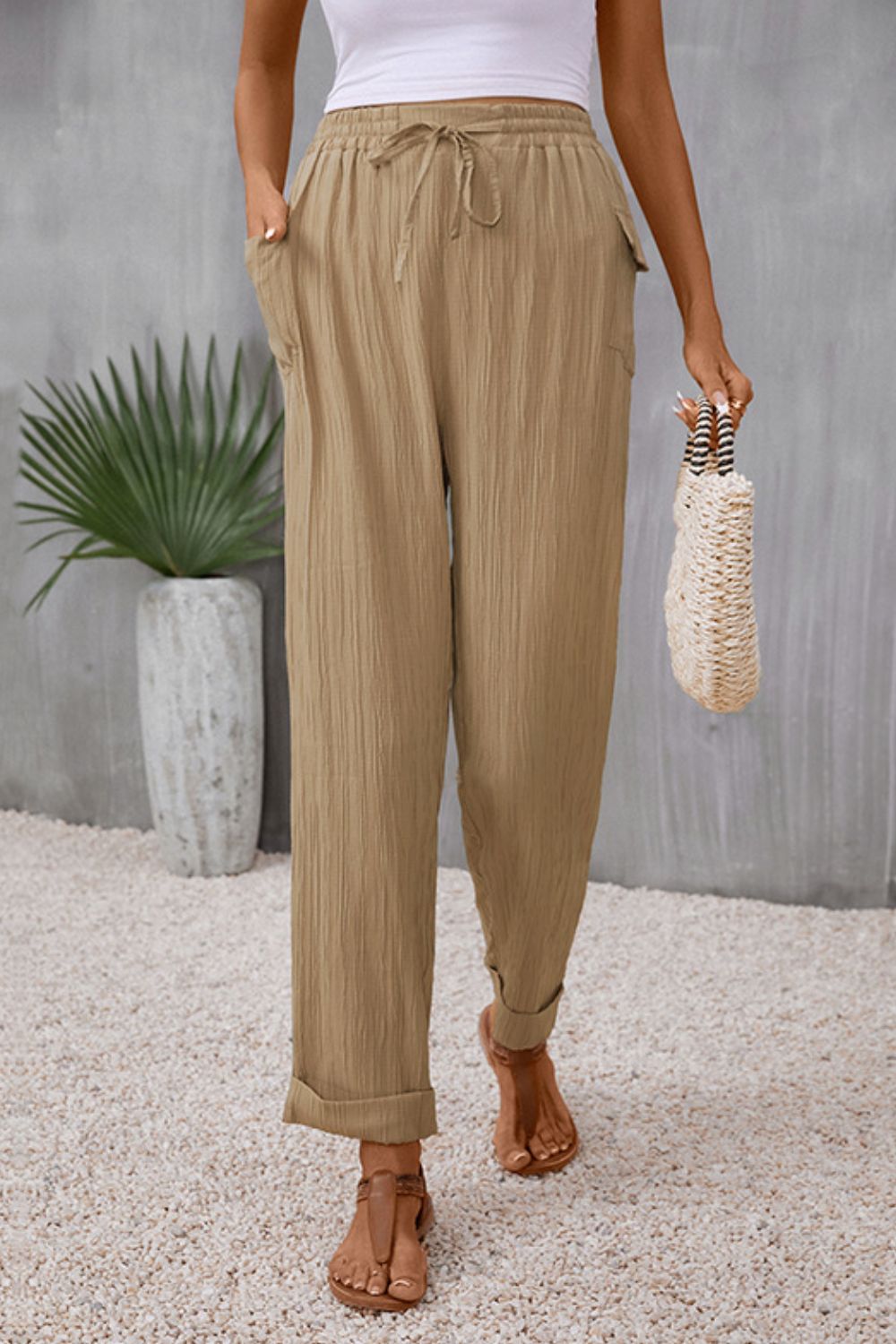 Tie Waist Pocketed Long Pants - Shop All Around Divas