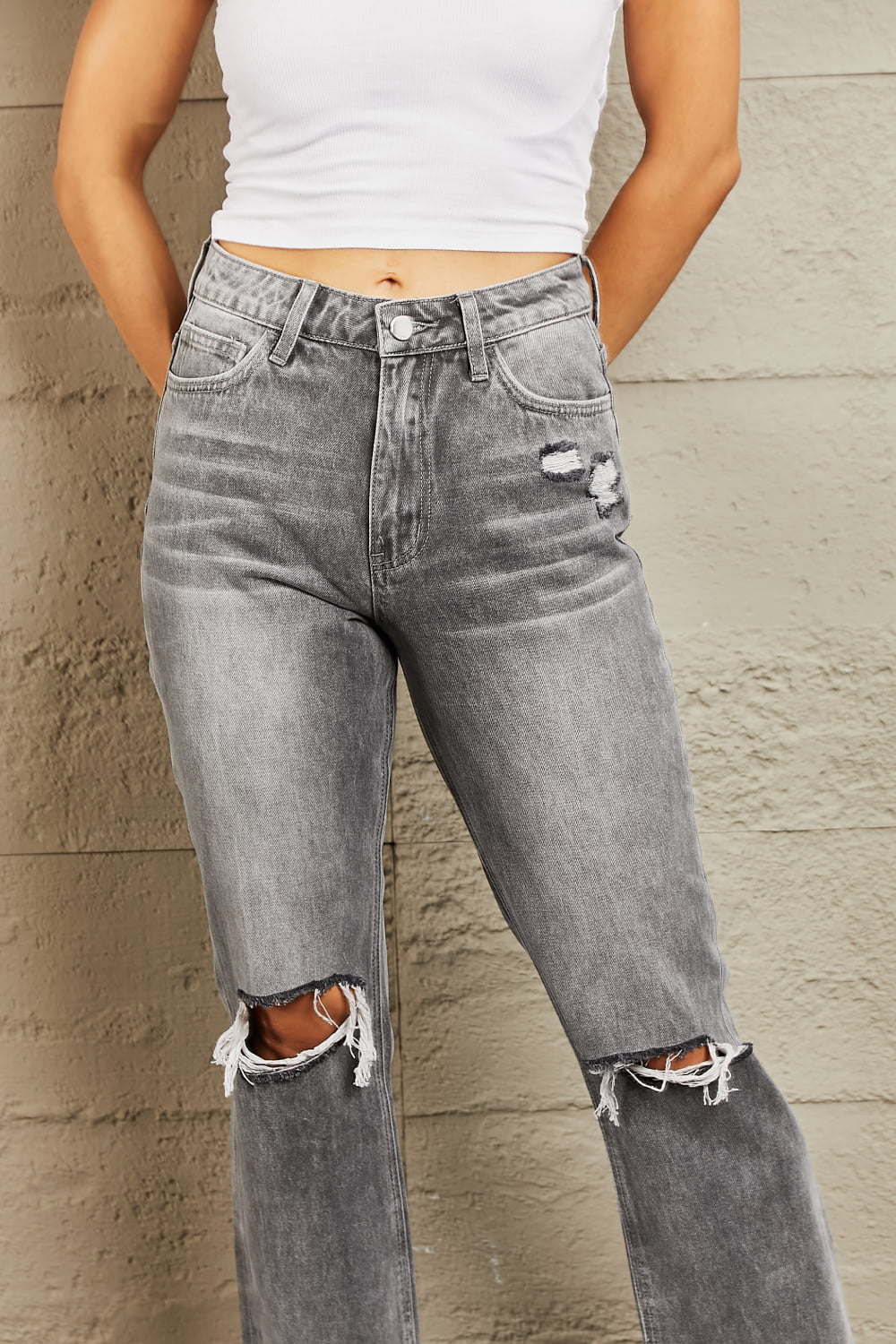 Lanie Stone Wash Distressed Cropped Straight Jeans