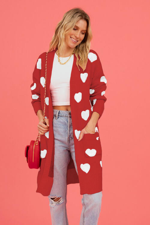 Heart Graphic Open Front Cardigan with Pockets - 4 Colors