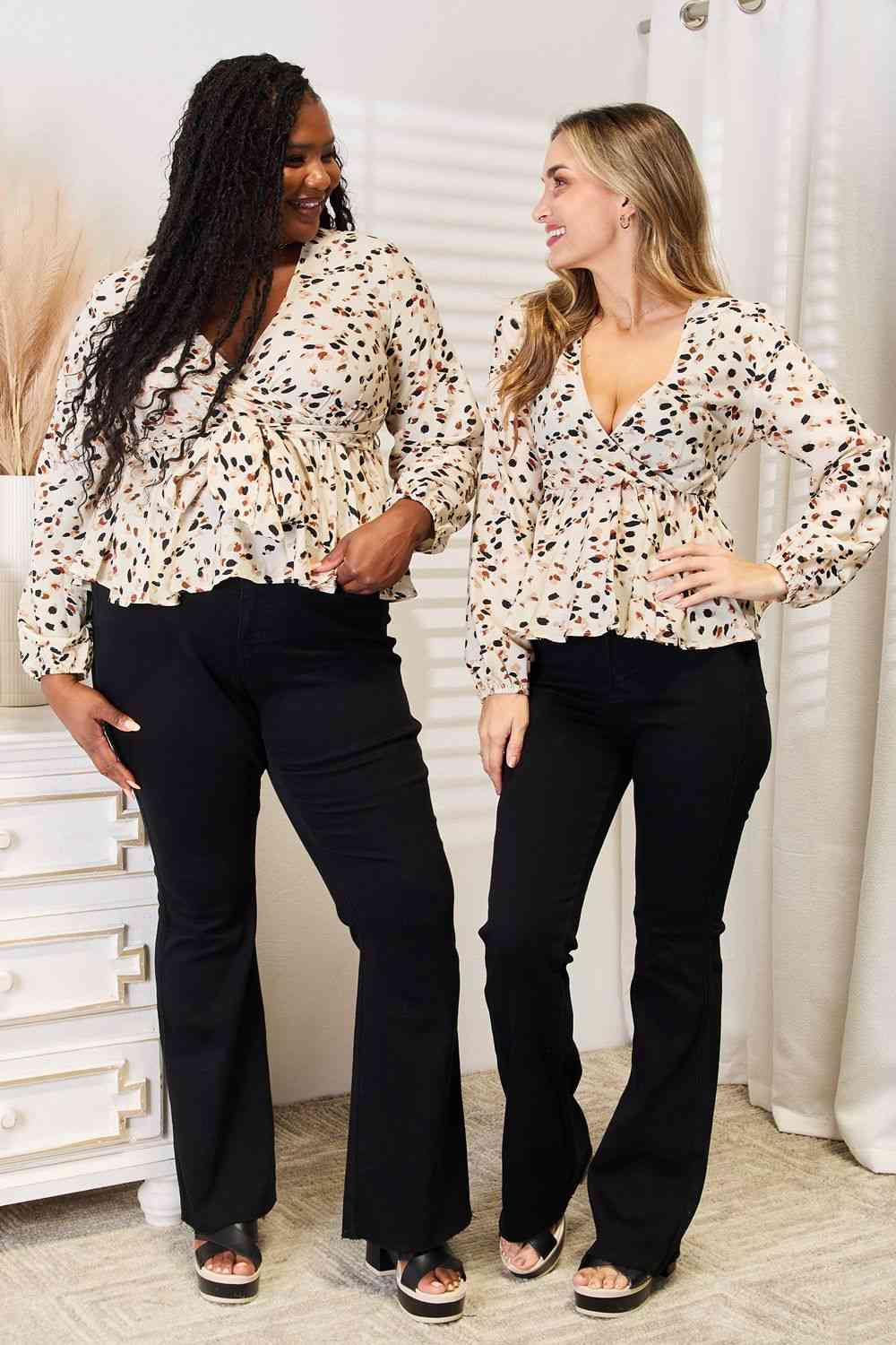 Double Take Printed Tied Plunge Peplum Blouse - Shop All Around Divas