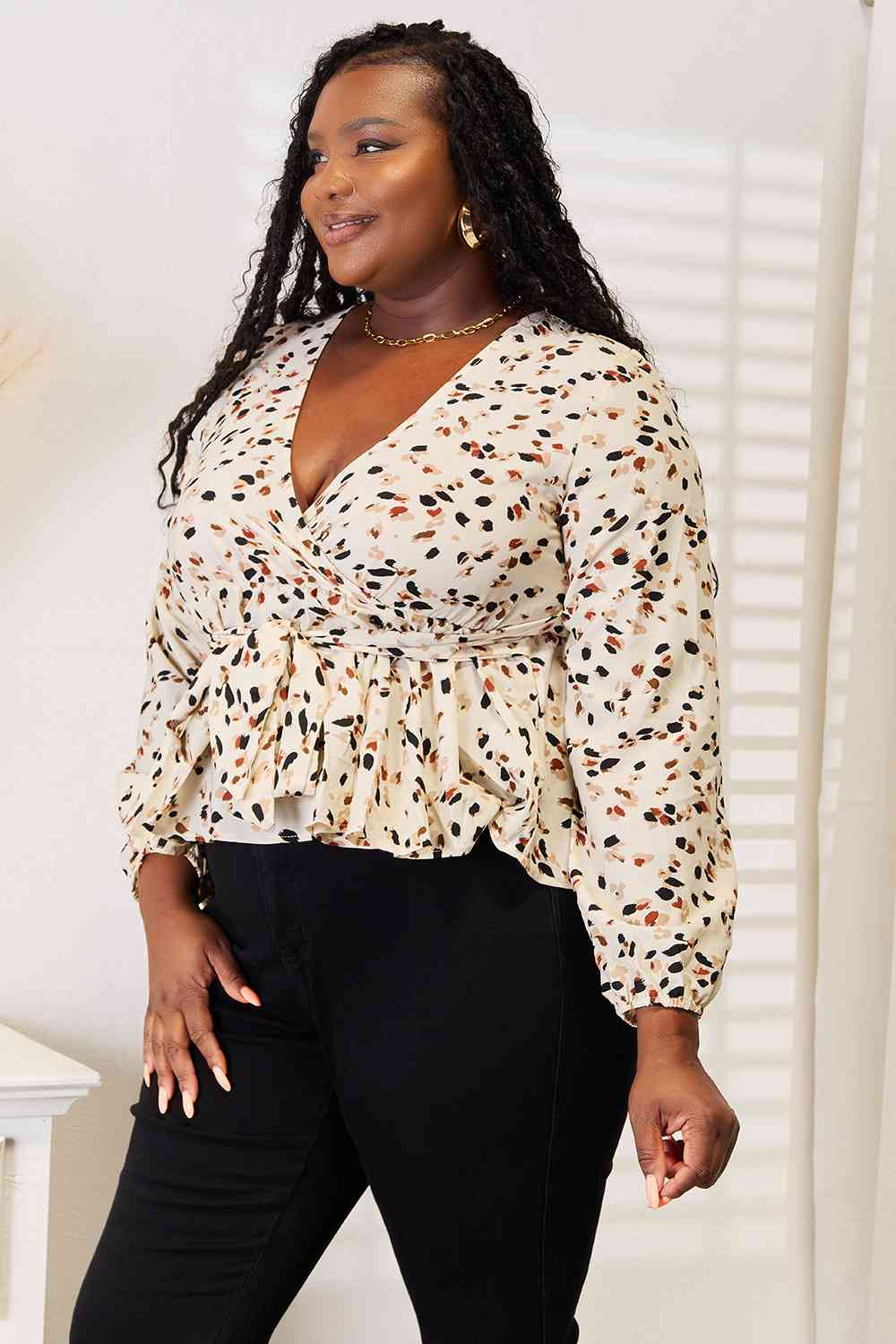 Double Take Printed Tied Plunge Peplum Blouse - Shop All Around Divas