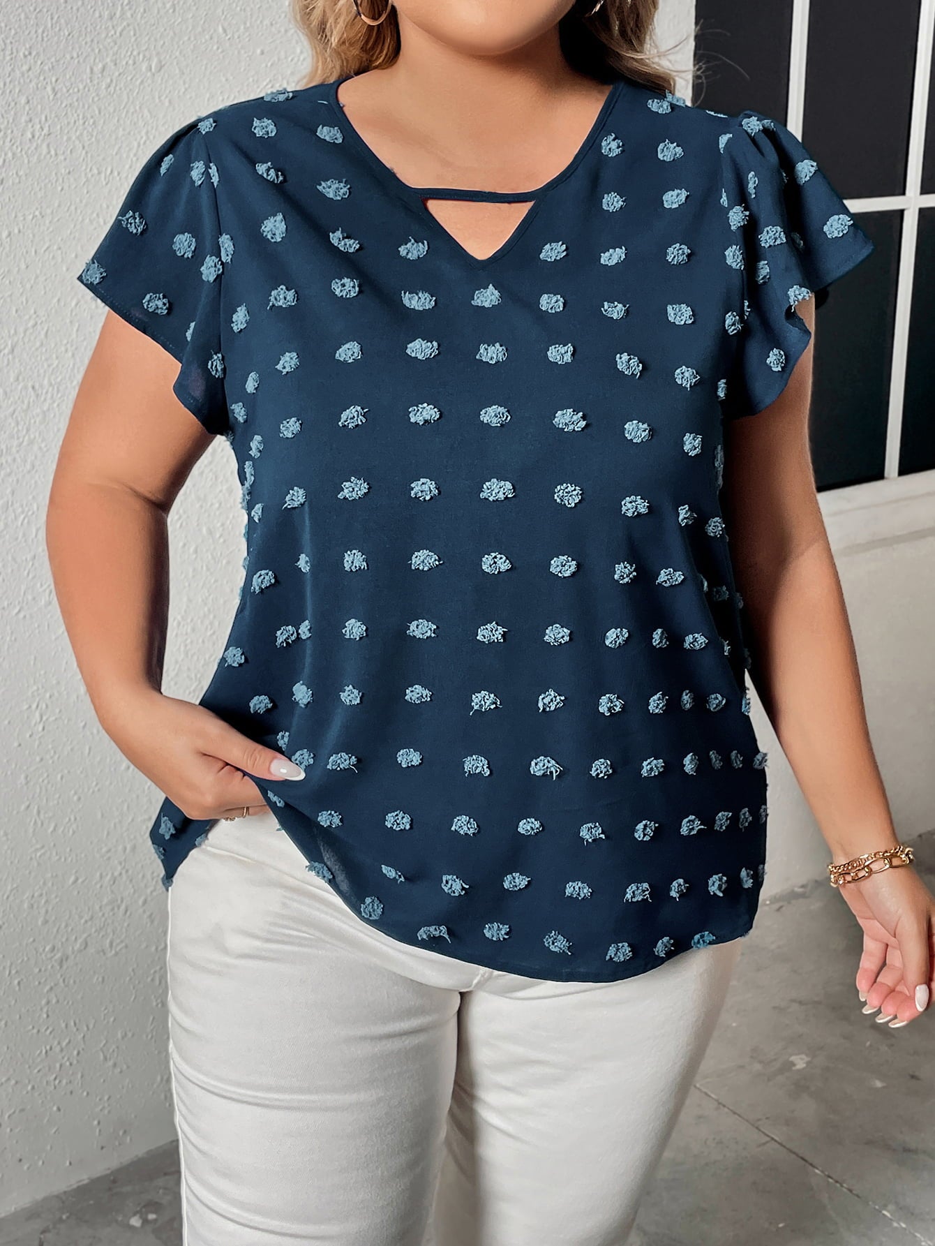 Swiss Dot V-Neck Flutter Sleeve Tee - CURVY - Shop All Around Divas