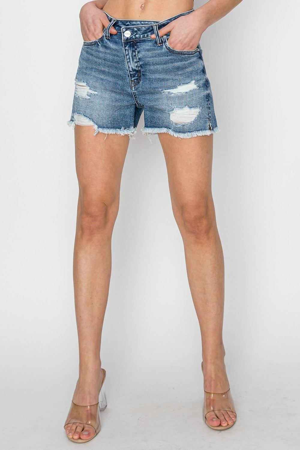 RISEN Stepped Waist Frayed Denim Shorts - Shop All Around Divas