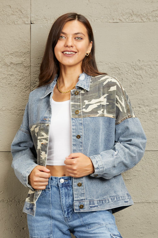 First Days Of Fall Washed Denim Camo Contrast Jacket