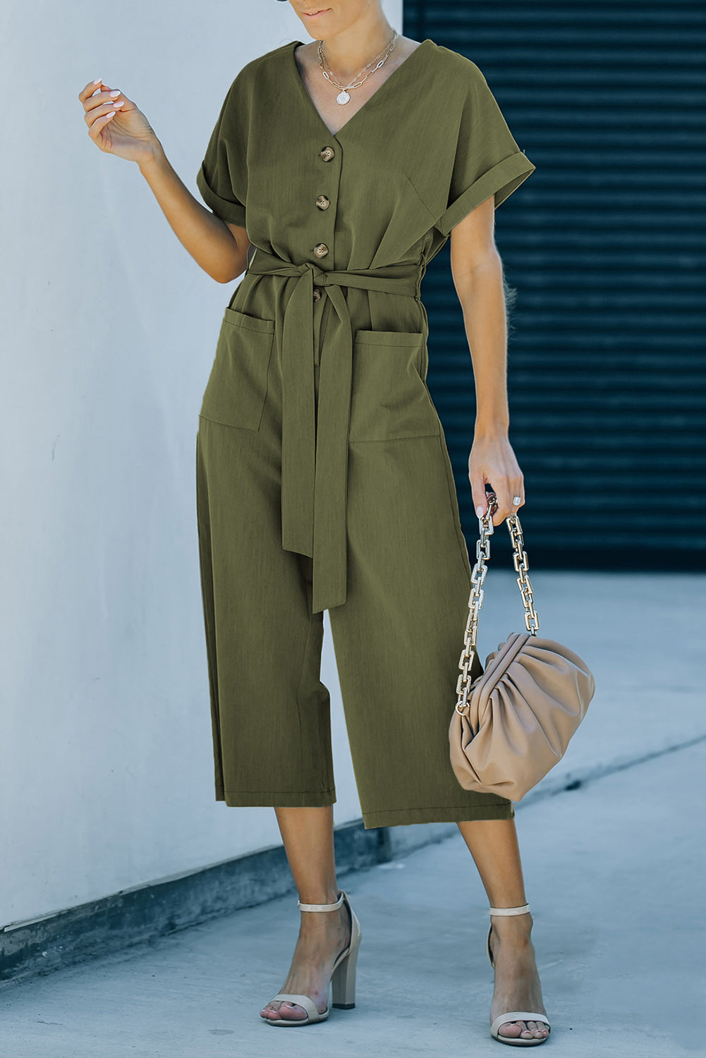 Tie-Waist Buttoned Cropped Jumpsuit - Shop All Around Divas