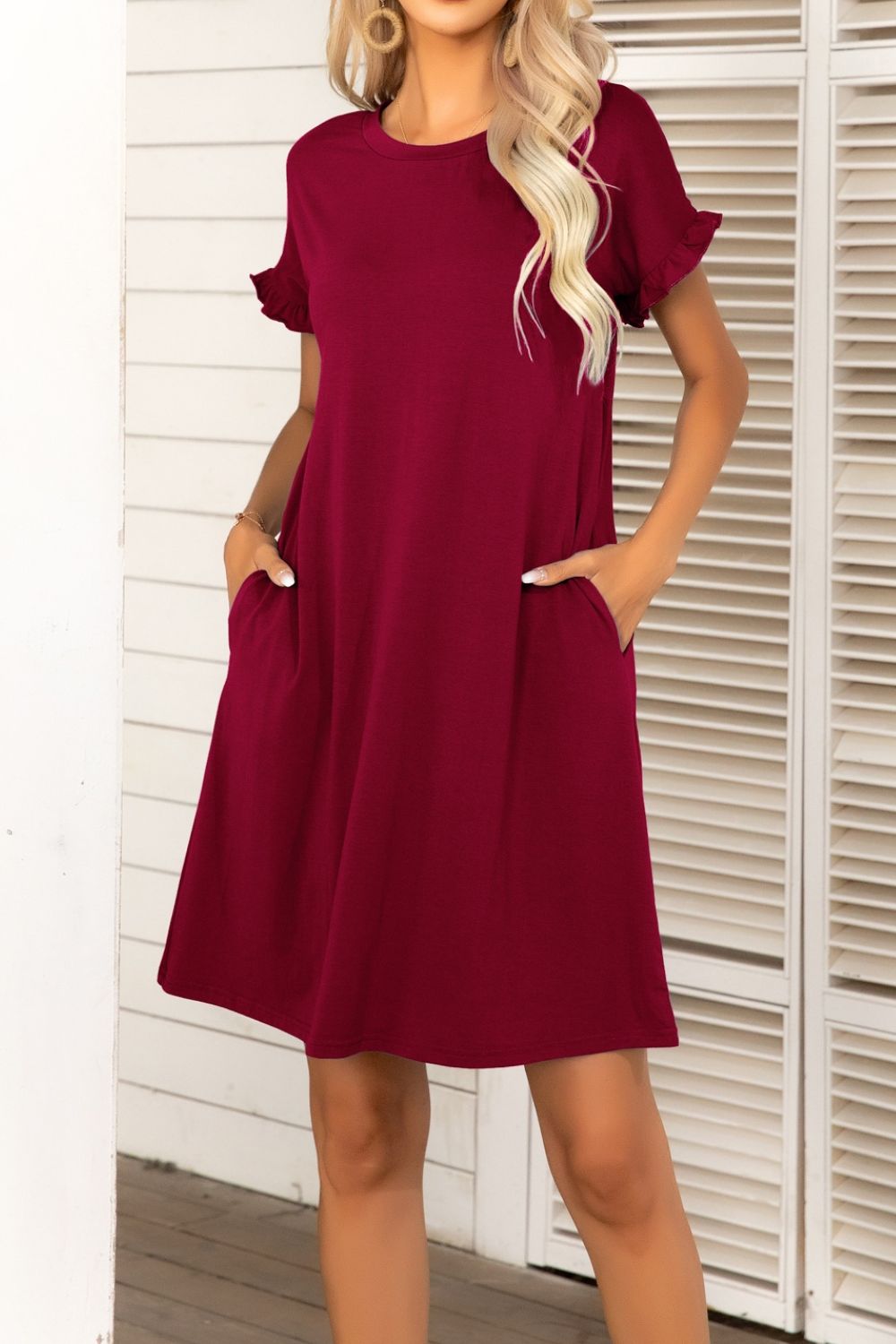 Flounce Sleeve Round Neck Dress with Pockets - Shop All Around Divas