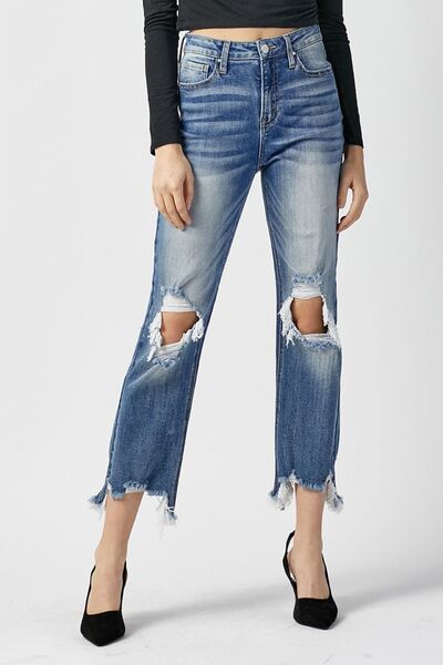 RISEN High Waist Distressed Frayed Hem Cropped Straight Jeans - Shop All Around Divas