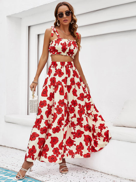 Floral Tie Shoulder Top and Tiered Maxi Skirt Set - Shop All Around Divas