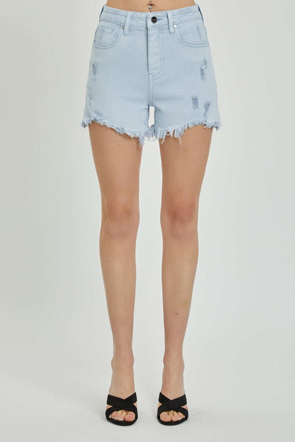 RISEN High Rise Distressed Detail Denim Shorts - Shop All Around Divas