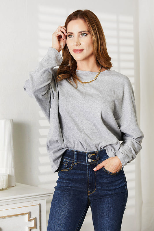 Double Take Seam Detail Round Neck Long Sleeve Top - Shop All Around Divas