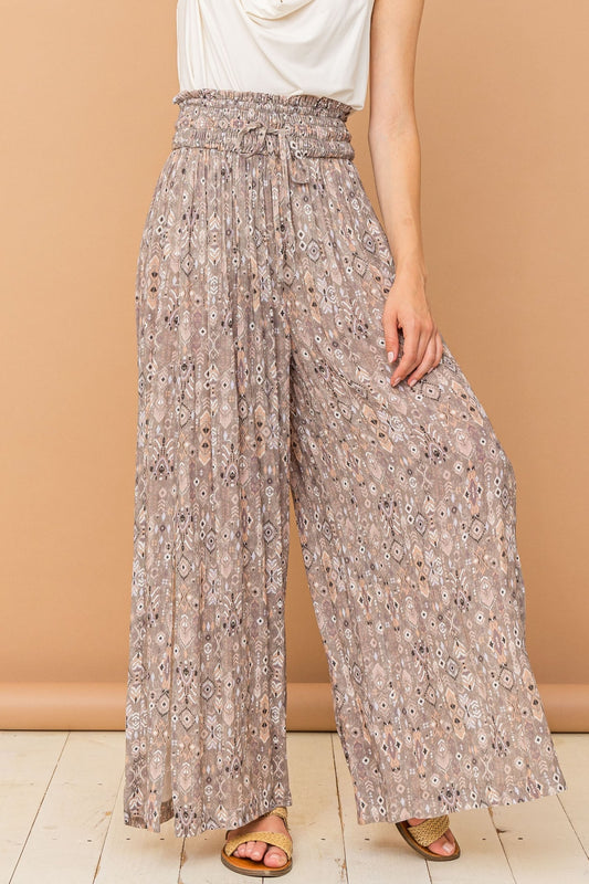 And The Why Printed Smocked Waist Slit Wide Leg Pants - Shop All Around Divas