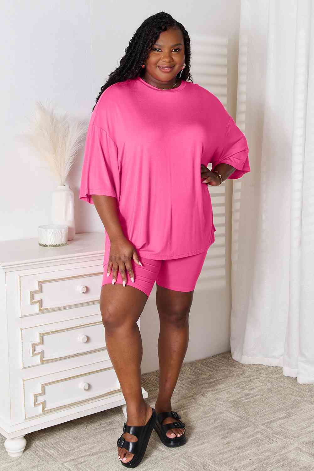 Basic Bae Full Size Soft Rayon Three-Quarter Sleeve Top and Shorts Set - Shop All Around Divas