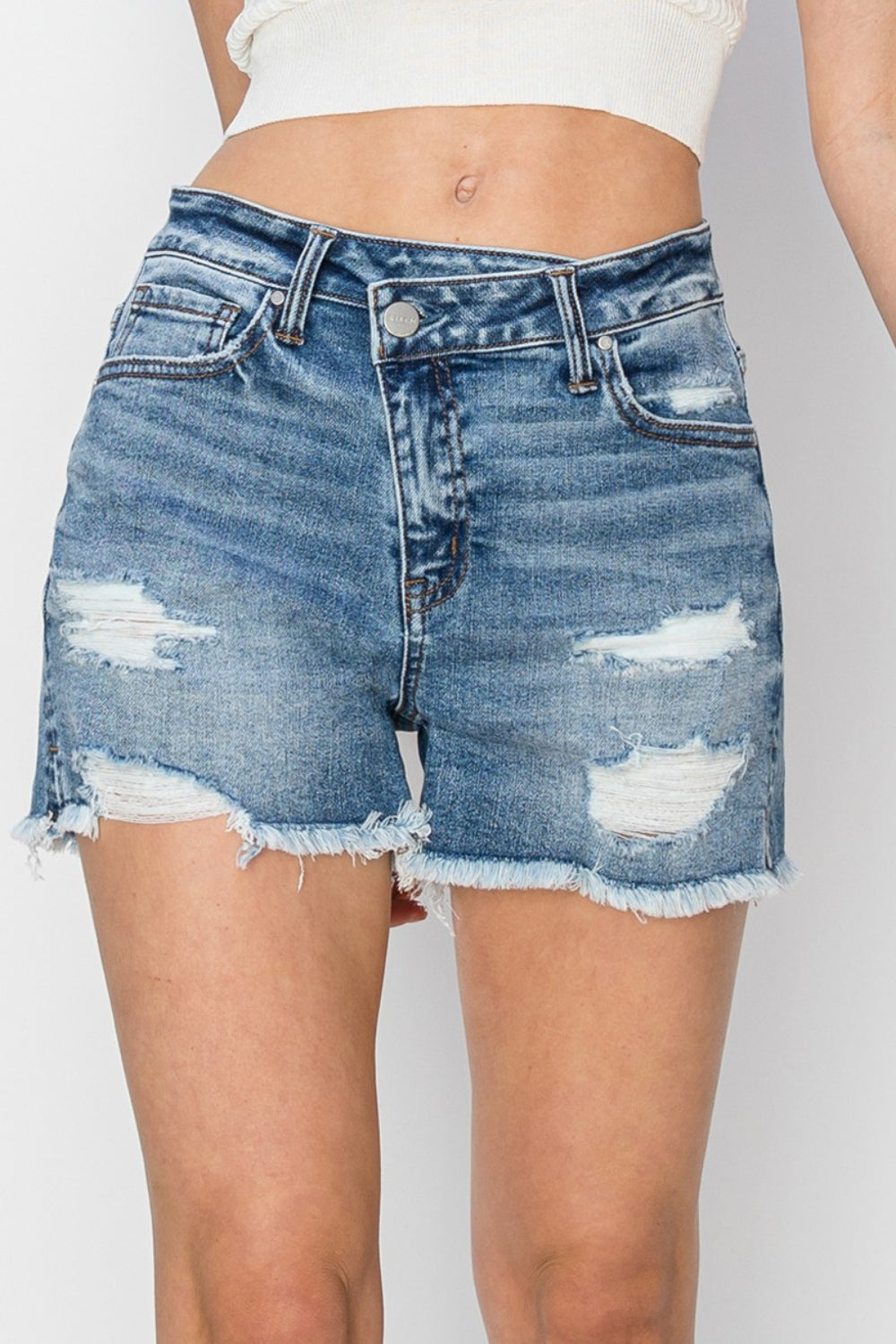 RISEN Stepped Waist Frayed Denim Shorts - Shop All Around Divas