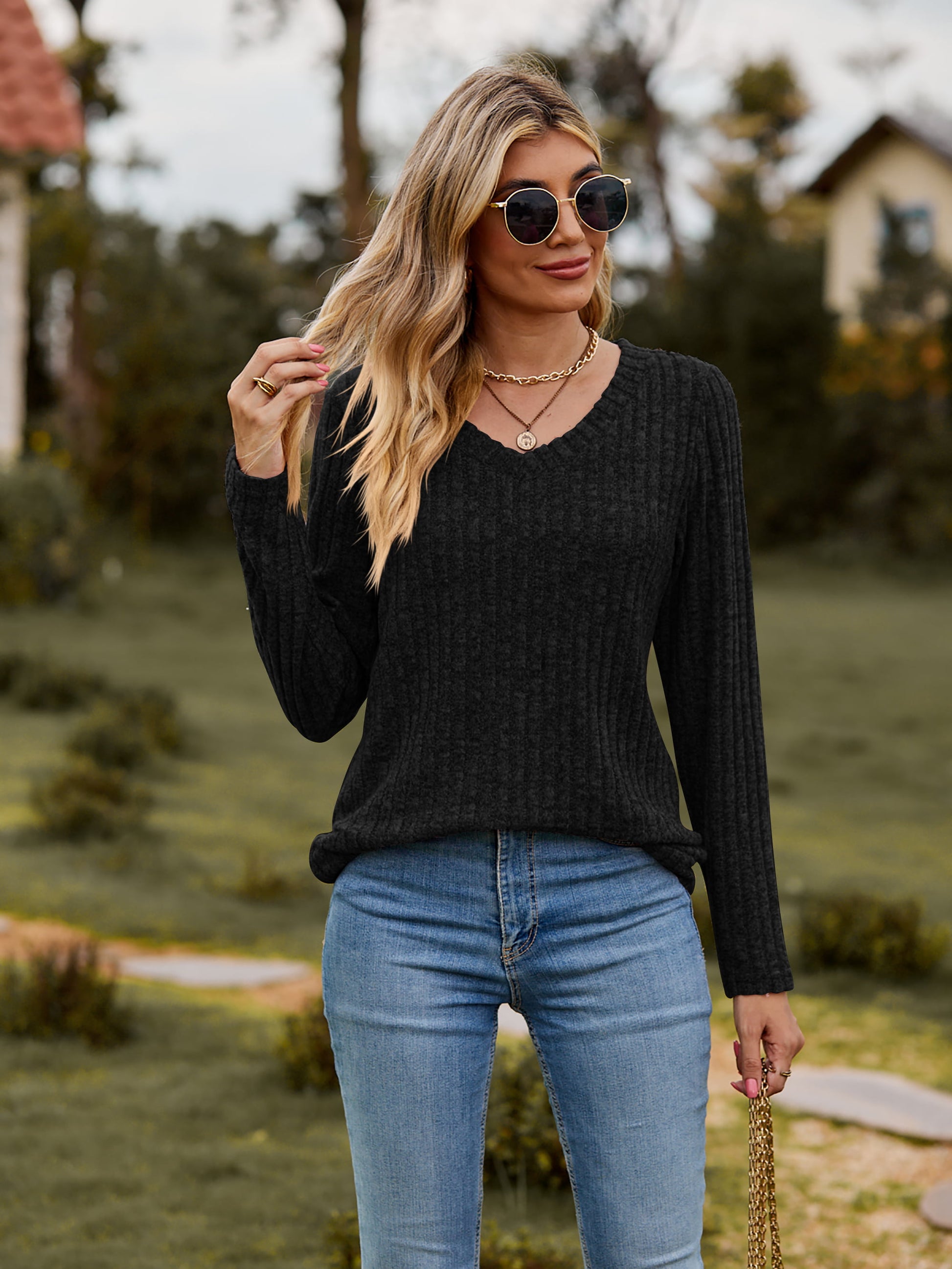 Jenni Ribbed V-Neck Long Sleeve Tee - 7 Colors - Shop All Around Divas